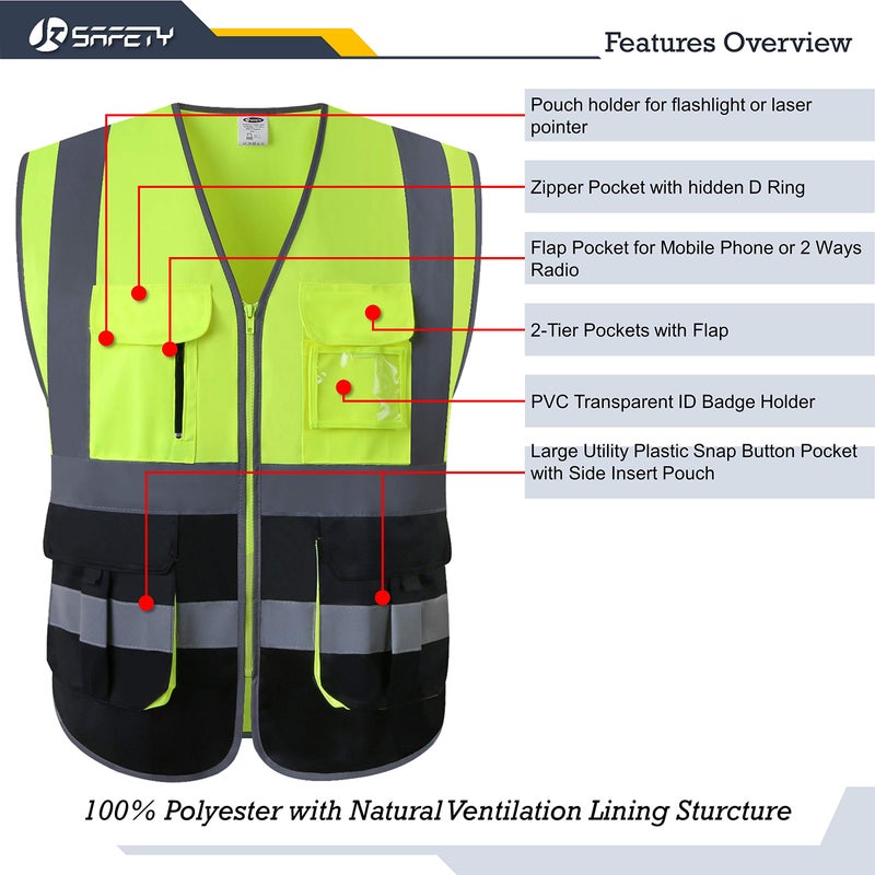 JKSafety 7 Pockets High Visibility Zipper Front Safety Vest With Reflective Strips.Meets ANSI/ISEA Standards (130-Yellow-Black XL) - Image 3